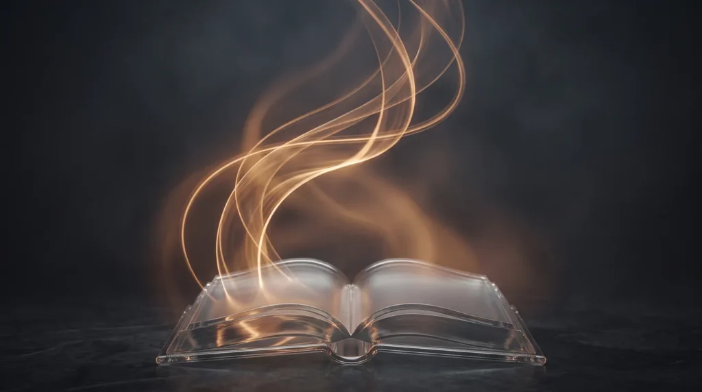 Aufgeschlagenes Glasbuch, aus dem bernsteinfarbene Textlinien aufsteigen
