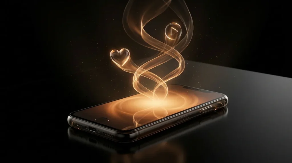 Smartphone aus Rauchglas, aus dem bernsteinfarbene Lichtbänder mit Herz- und Play-Symbolen aufsteigen